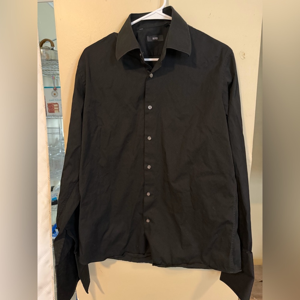 Hugo Boss Men’s Black Textured Long Sleeve Dress Shirt Size 16 34/35